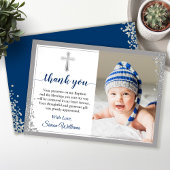 Silver Glitter Navy Blue Boy Baptisme Script Bedankkaart