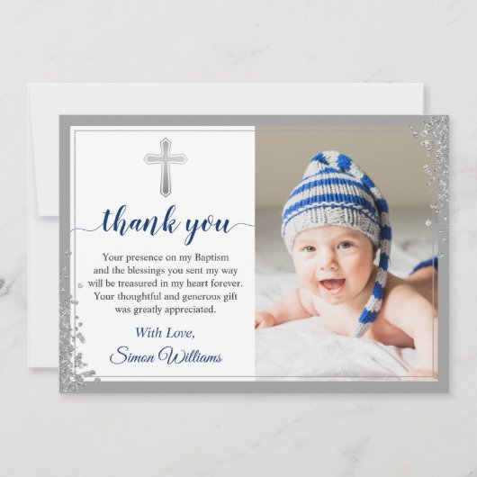 Silver Glitter Navy Blue Boy Baptisme Script Bedankkaart (Voorkant)