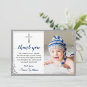 Silver Glitter Navy Blue Boy Baptisme Script Bedankkaart (Staand voorkant)