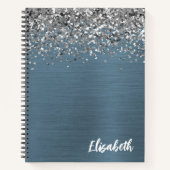 Silver Glitter Navy Blue Brushed Metal Monogram Notitieboek (Voorkant)