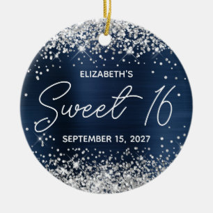 Silver Glitter Navy Blue Fancy Sweet 16 Foto Keramisch Ornament