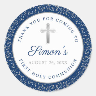 Silver Glitter Navy Blue First Heilige Communie Ronde Sticker