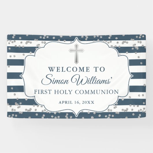 Silver Glitter Navy Blue First Heilige Communie Spandoek (Horizontaal)