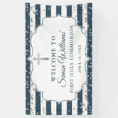 Silver Glitter Navy Blue First Heilige Communie Spandoek (Verticaal)