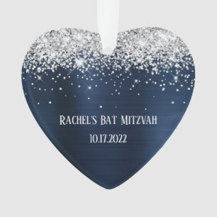 Silver Glitter Navy Blue Folie Bat Mitzvah Heart Ornament