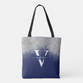 Silver Glitter Navy Blue Monogram Trendy Custom Draagtas (Achterkant)