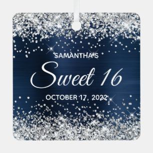 Silver Glitter Navy Blue Ombre Folie Sweet 16 Metalen Ornament