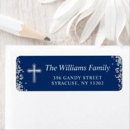 Silver Glitter Navy Blue Religieuze Return Address Etiket