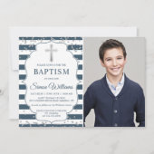 Silver Glitter Navy Blue Stripes Baptism Foto Kaart (Voorkant)