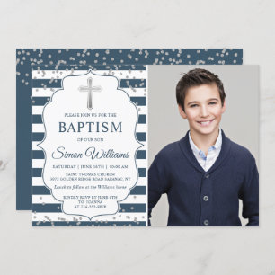Silver Glitter Navy Blue Stripes Baptism Foto Kaart