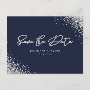 Silver Glitter Navy Blue Wedding Save the Date Aankondigingskaart