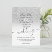 Silver glitter ombre chic white script bruiloft kaart (Staand voorkant)