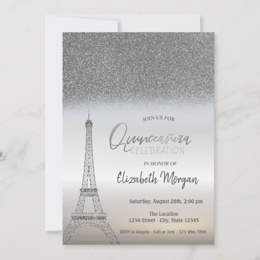Silver Glitter Ombre, Eiffel Tower Quinceanera Kaart (Voorkant)
