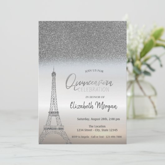 Silver Glitter Ombre, Eiffel Tower Quinceanera Kaart (Staand voorkant)