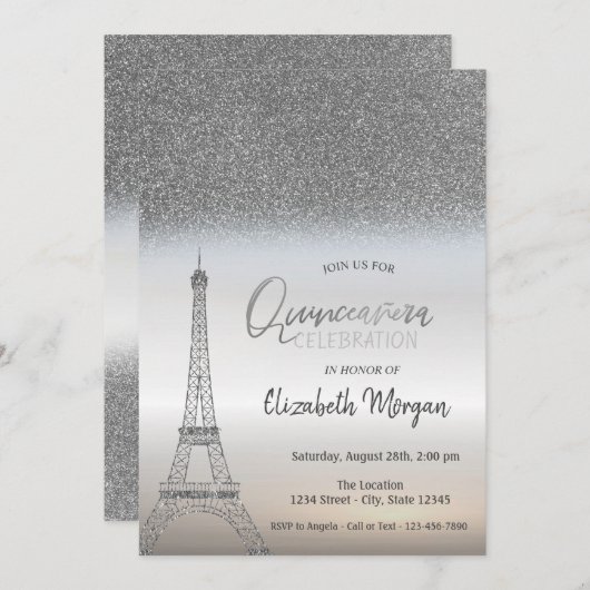 Silver Glitter Ombre, Eiffel Tower Quinceanera Kaart (Voorkant / Achterkant)