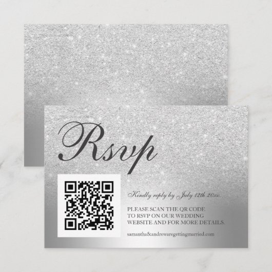Silver glitter ombre folie RSVP Qr code bruiloft Kaartje (Voorkant / Achterkant)