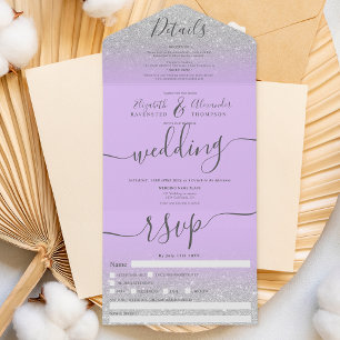 Silver glitter ombre lavender script bruiloft all in one uitnodiging