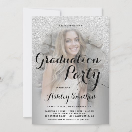 Silver glitter ombre metallic foto afstuderen kaart (Voorkant)