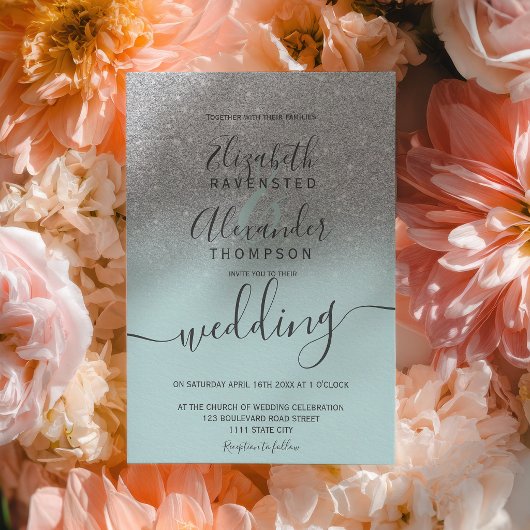 Silver glitter ombre sage green script wedding kaart