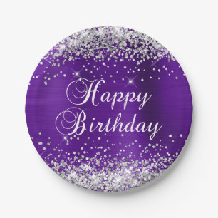 Silver Glitter Paars Indigo Folie Happy Birthday Papieren Bordje