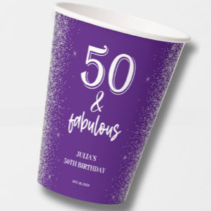 Silver Glitter Paarse 50e verjaardagsfeestje Papieren Bekers