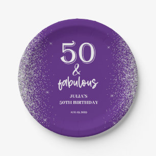 Silver Glitter Paarse 50e verjaardagsfeestje Papieren Bordje