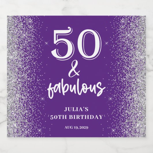 Silver Glitter Paarse 50e verjaardagsfeestje Sparkling Wijnetiket (Enkel label)