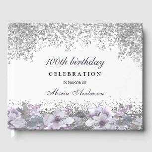 Silver Glitter Paarse Floral 100th Birthday Party Gastenboek