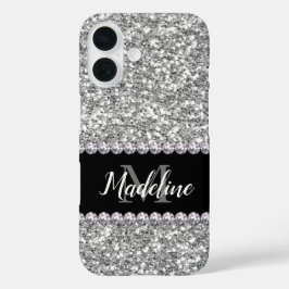 Silver Glitter & Pareltjes met naam en monogram iPhone 16 Hoesje