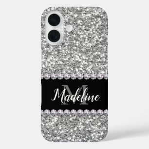 Silver Glitter & Pareltjes met naam en monogram iPhone 16 Hoesje