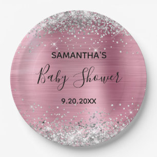 Silver Glitter Pink Folie Baby shower Papieren Bordje
