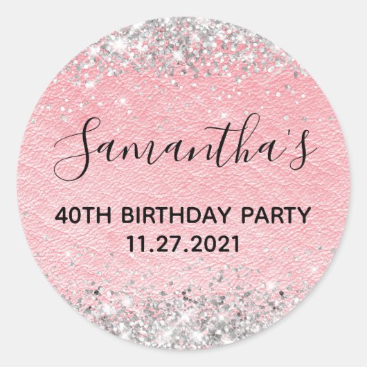 Silver Glitter Pink Leather 40th Birthday Party Ronde Sticker (Voorkant)