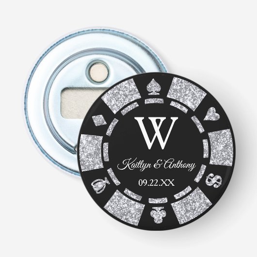 Silver Glitter Poker Chip Casino Wedding Favor Button Flesopener (Voorkant)