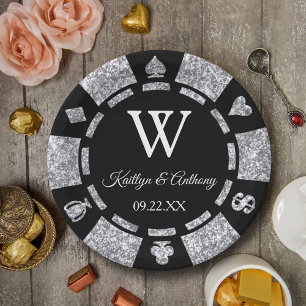 Silver Glitter Poker Chip Casino Wedding Party Papieren Bordje
