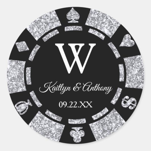 Silver Glitter Poker Chip Casino Wedding Ronde Sticker (Voorkant)