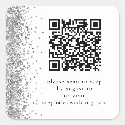 Silver Glitter QR-code naar RSVP Weddenschap Vierkante Sticker (Voorkant)