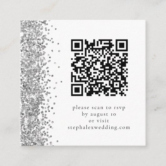 Silver Glitter QR code RSVP Weddenschap Informatiekaartje (Voorkant)
