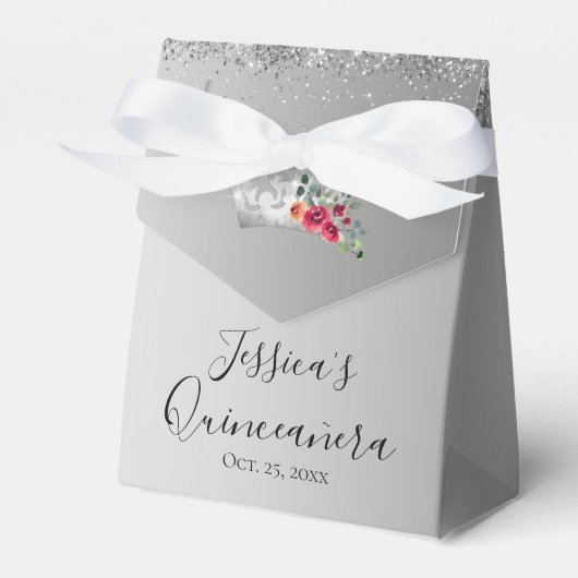 Silver Glitter Quinceanera Favor Box Bedankdoosjes (Voorkant Zijde)