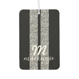 Silver Glitter Racing Stripes Monogrammed Car Luchtverfrisser
