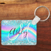 Silver Glitter Rainbow Wave Aqua Ombre Monogram Sleutelhanger (Voorkant)