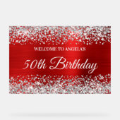 Silver Glitter Red 50th Birthday Welkom Acryl Bord (Voorkant)