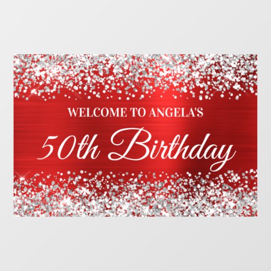Silver Glitter Red 50th Birthday Welkom Raamsticker (Vel)