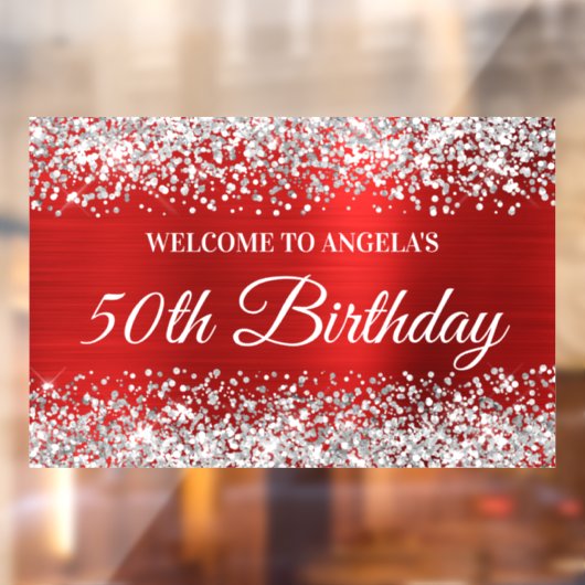 Silver Glitter Red 50th Birthday Welkom Raamsticker (Vel 2)
