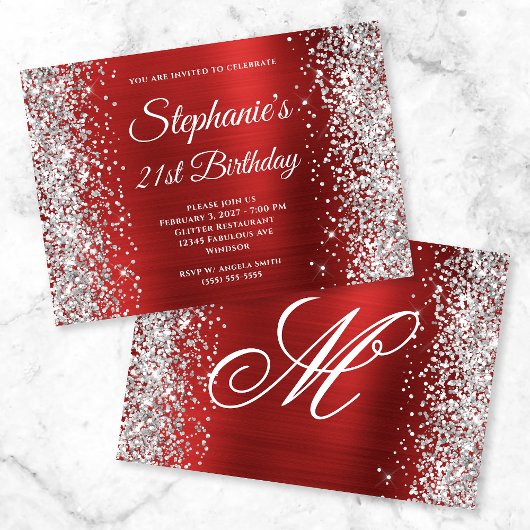 Silver Glitter Red Fancy Monogram 21st verjaardag Kaart