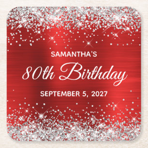 Silver Glitter Red Folie 80th Birthday Vierkante Kartonnen Onderzetter