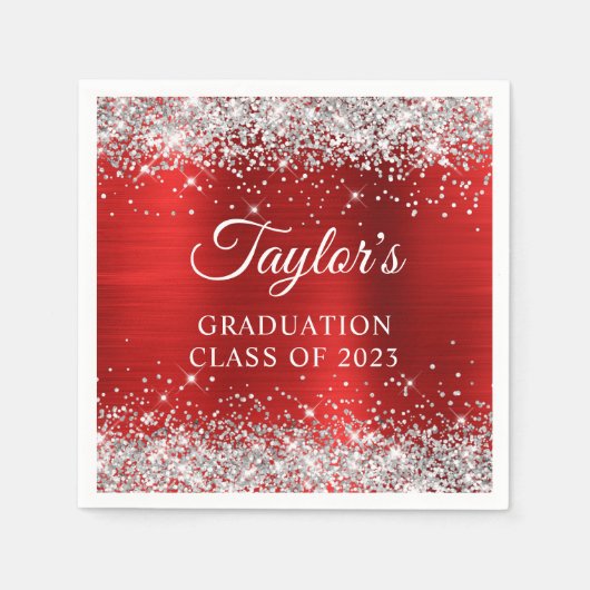 Silver Glitter Red Folie Afstuderen Servet (Voorkant)