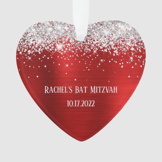 Silver Glitter Red Folie Bat Mitzvah Heart Ornament (voorkant)