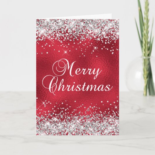 Silver Glitter Red Glass Folie Merry Kerstmis Kaart (Voorkant)