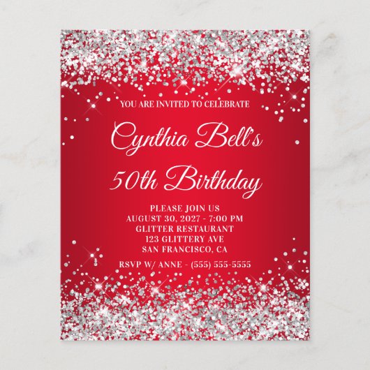 Silver Glitter Red Gradient 50th Birthday Invite (Voorkant)