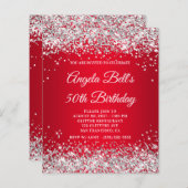Silver Glitter Red Ombre 50th Birthday Invitation (Voorkant / Achterkant)